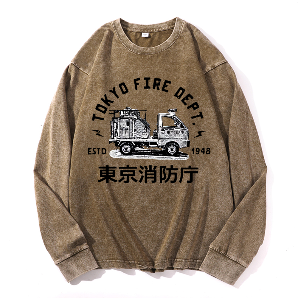 Mini Fire Truck Vintage Cotton Wash Long-sleeve T-shirt