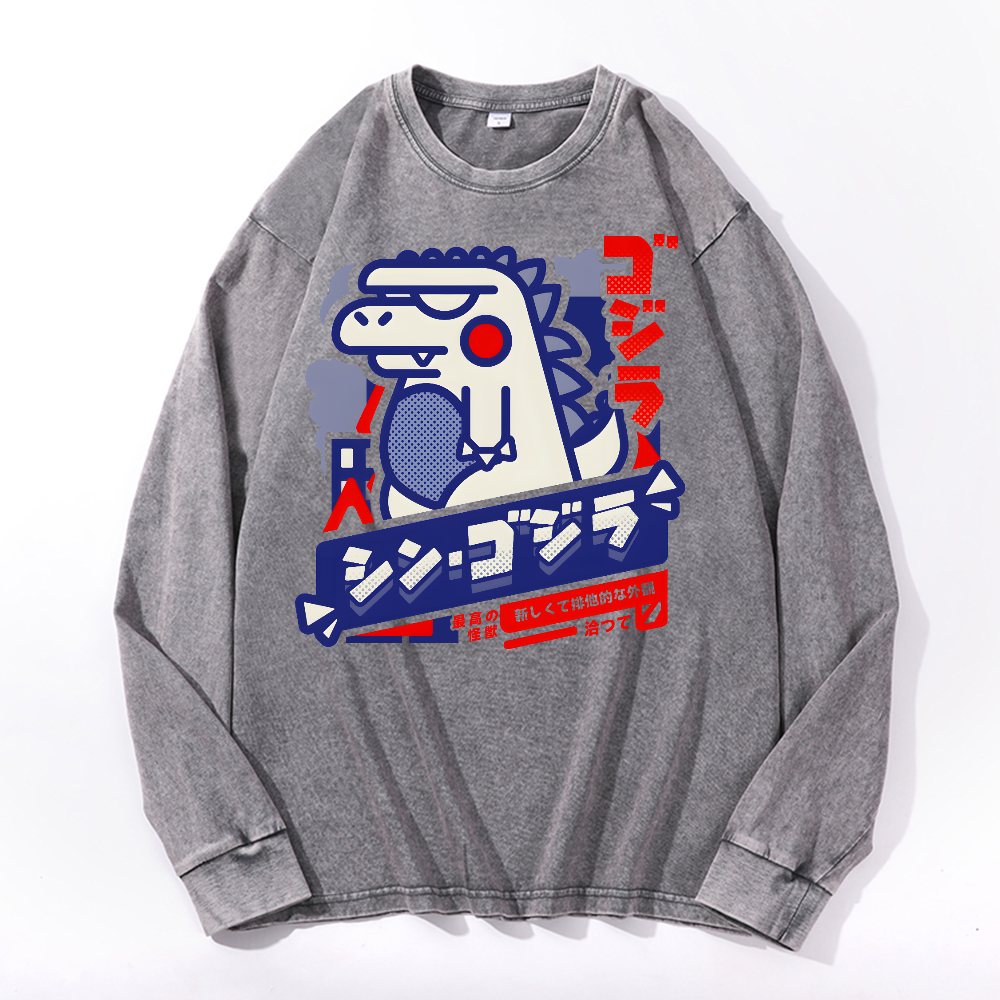 Kaiju Vintage Cotton Wash Crewneck Long-Sleeve T-Shirt