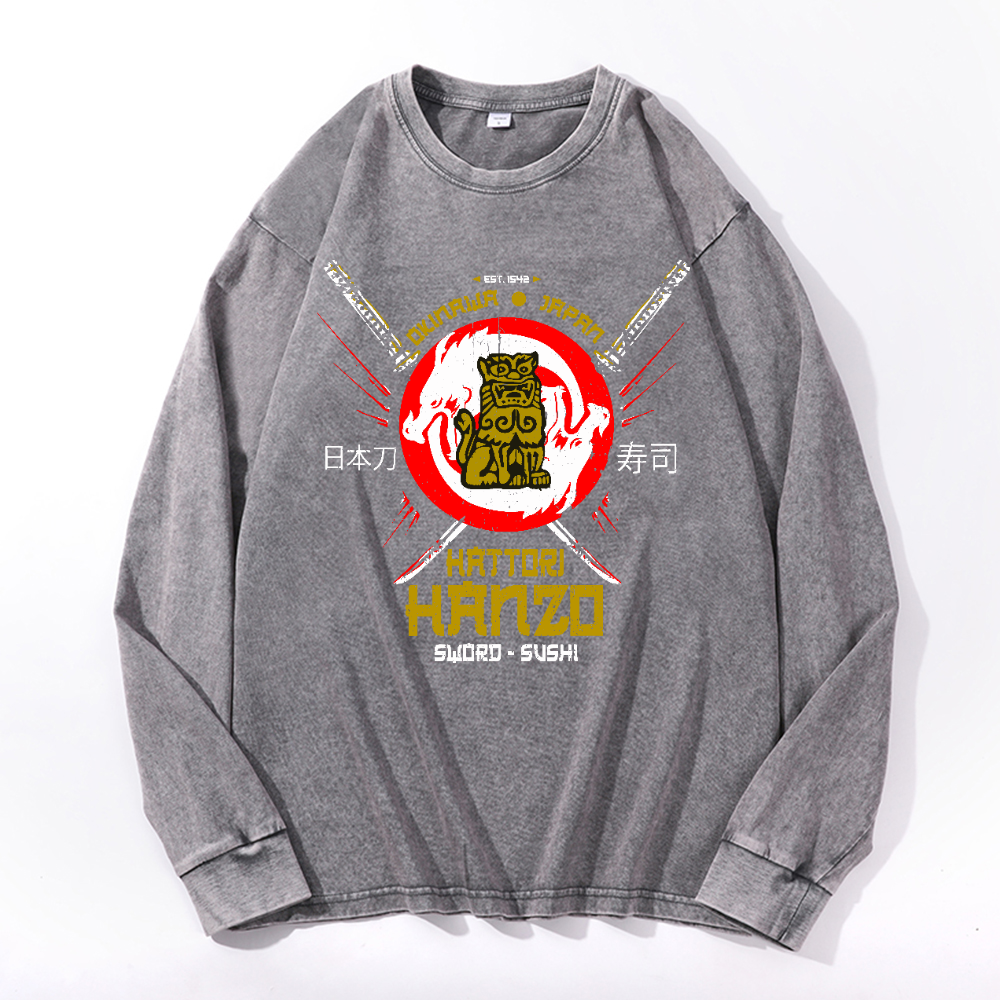 Okinawa Hattori Hanzo Komainu Vintage Cotton Wash Crewneck Long-Sleeve T-Shirt