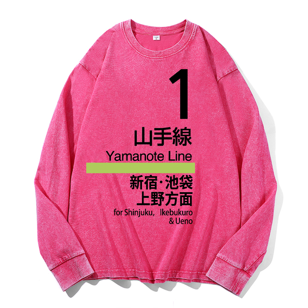 Yamanote Line for Shinjuku & Ikebukuro & Ueno Vintage Cotton Wash Crewneck Long-Sleeve T-Shirt