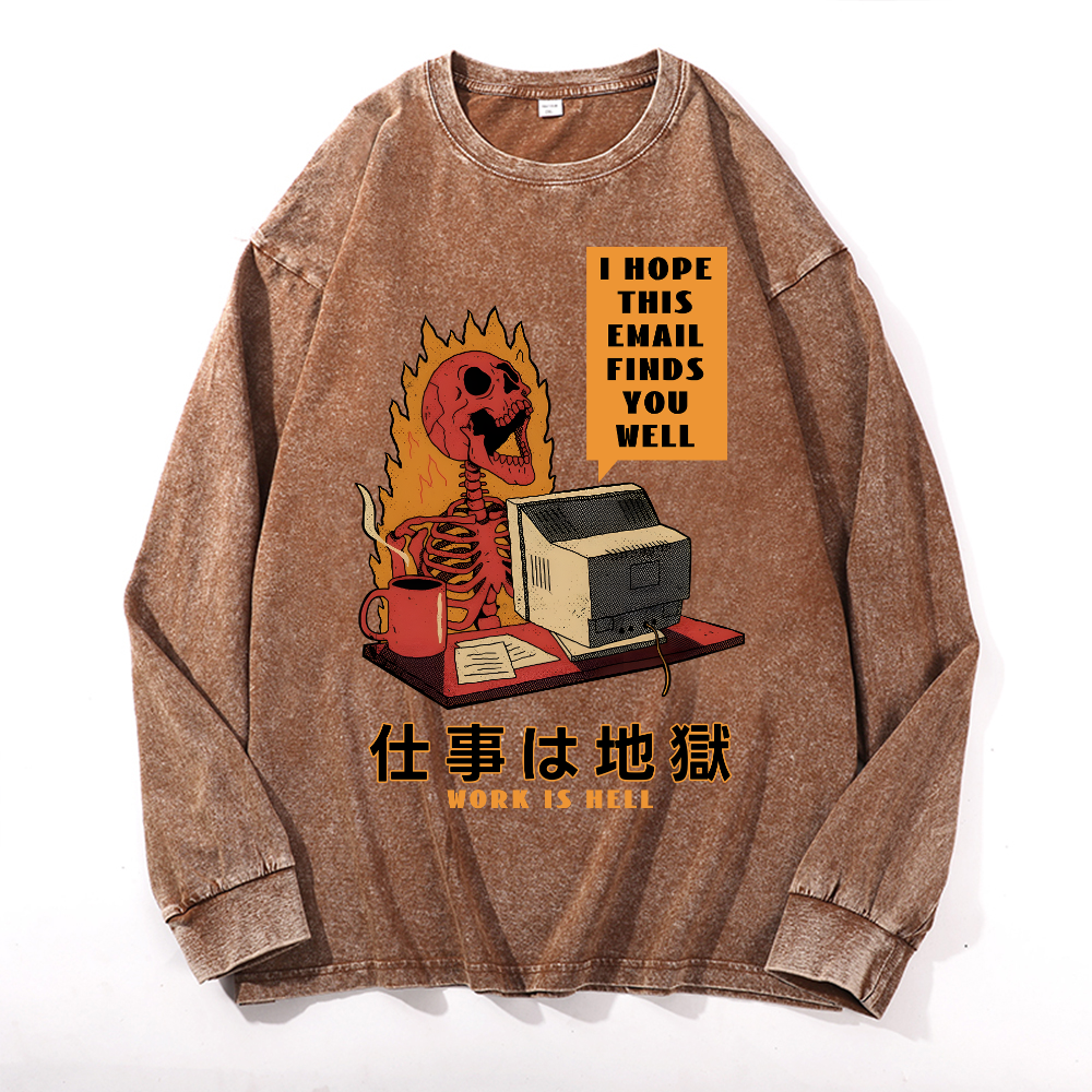 Skull Work Is Hell Vintage Cotton Wash Long-sleeve T-shirt