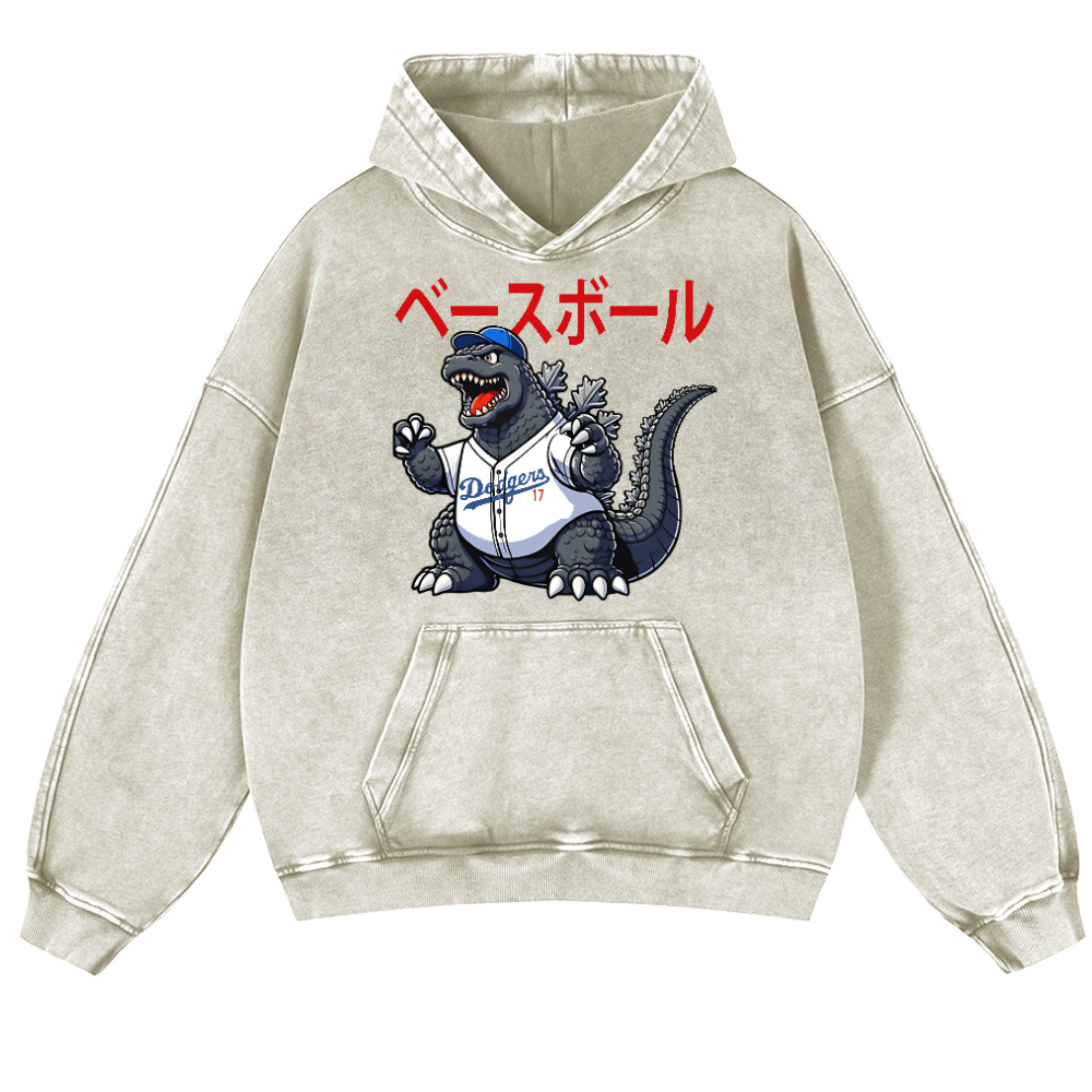 Dodgers Kaiju 17  Baseball Vintage Washed Thick Cotton Hoodie