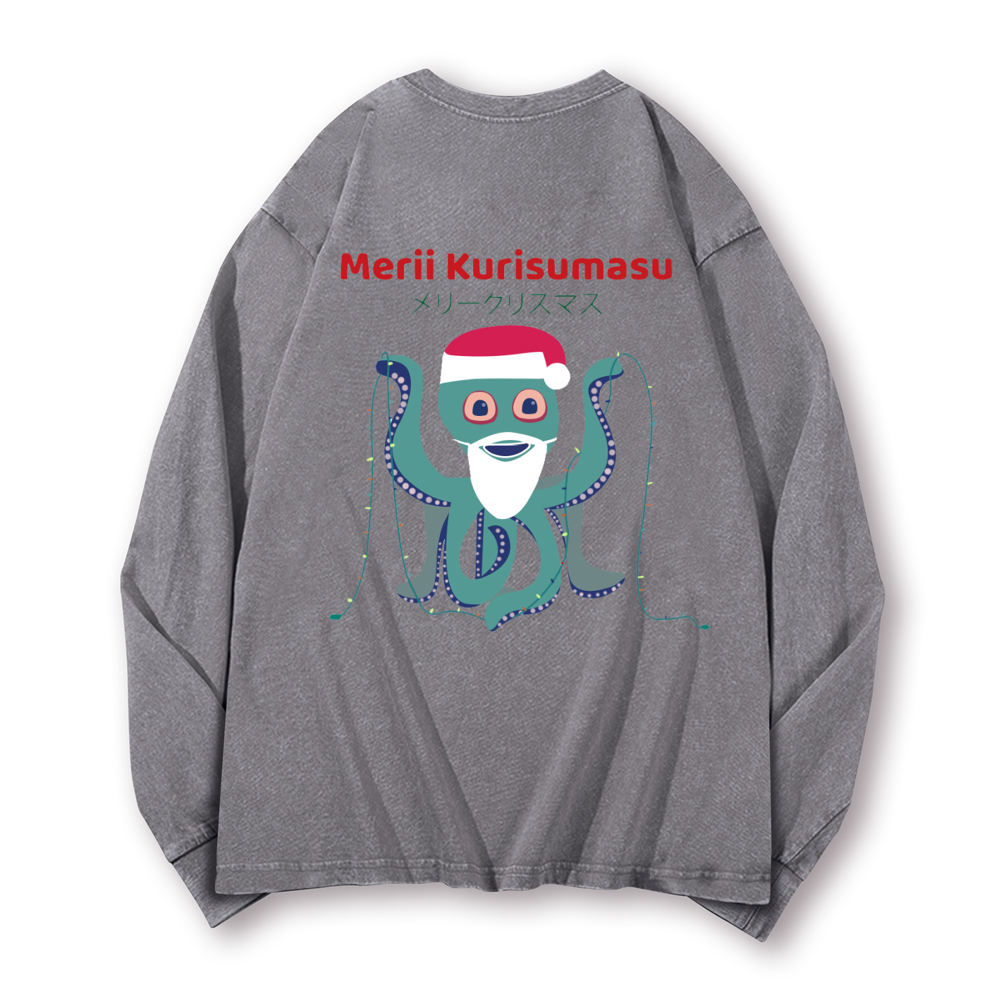 Christmas Octopus Vintage Washed Cotton Back Art Long-sleeve T-shirt