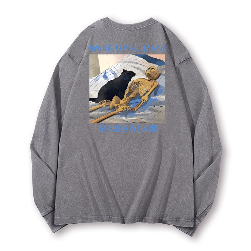 Wake Up Human Vintage Washed Cotton Back Art Long-sleeve T-shirt