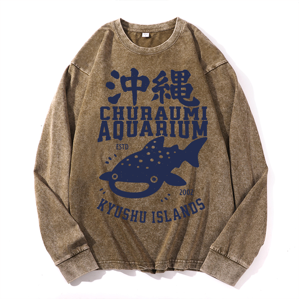 Okinawa Churaumi Aquarium Kyushu Islands Vintage Cotton Wash Crewneck Long-Sleeve T-Shirt