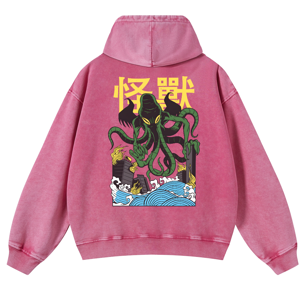 Octopus Monster Vintage Washed Cotton Back Art Hoodie