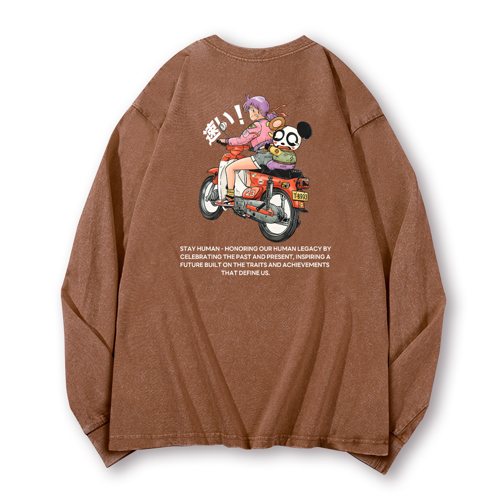Motorcycle Bike Vintage Washed Cotton Back Art Long-sleeve T-shirt