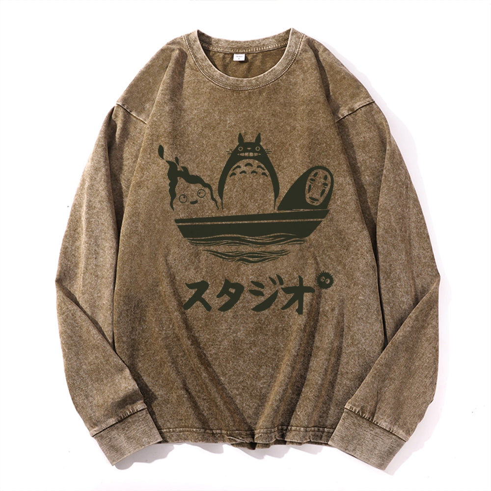Howl's Moving Castle/My Neighbor Totoro/Spirited Away No Face Kaonashi Ghibli Anime Vintage Cotton Wash Crewneck Sweatshirt