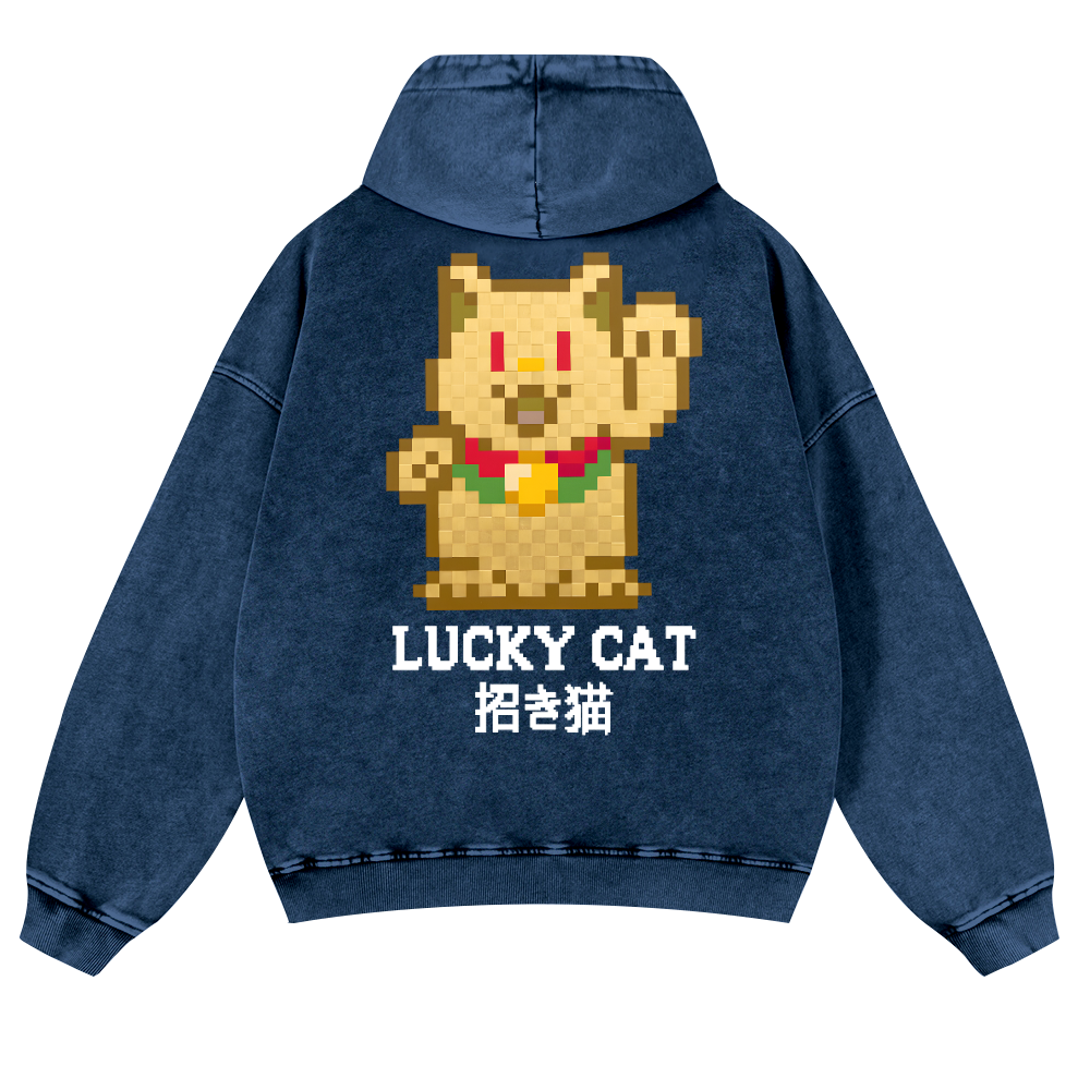 Mosaic Lucky Cat Vintage Washed Cotton Back Art Hoodie