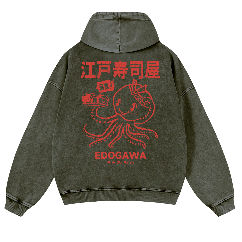 Edogawa  Octopus Vintage Washed Cotton Back Art Hoodie