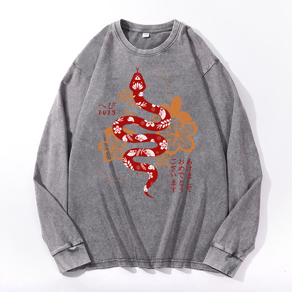 New Year Vintage Cotton Wash Crewneck Long-Sleeve T-Shirt