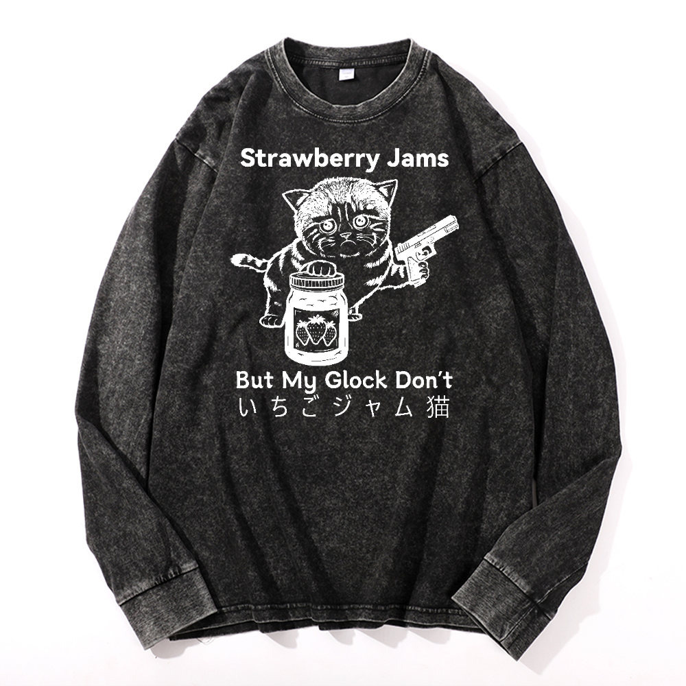 Strawberry Jams Cat Vintage Cotton Wash Long-sleeve T-shirt