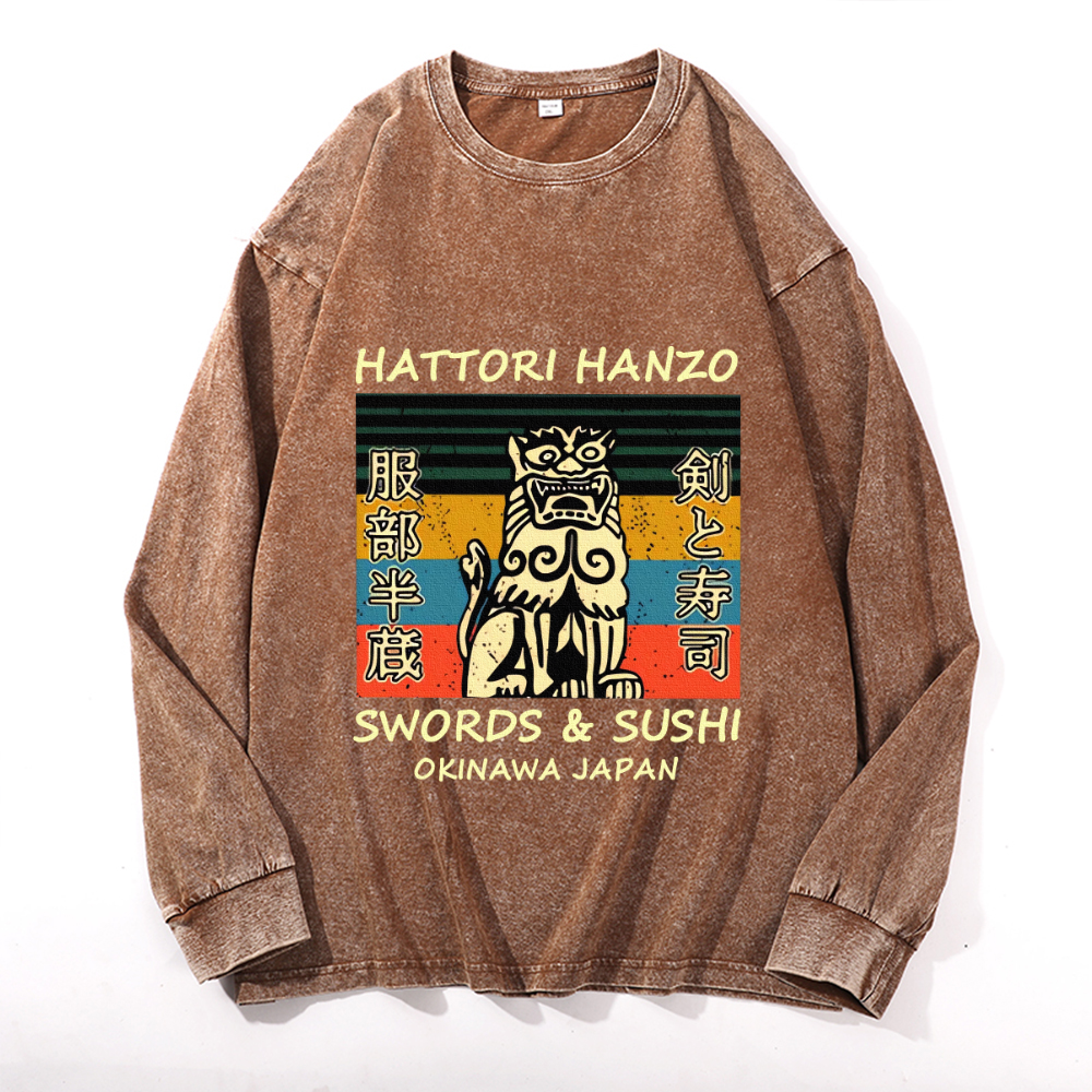 Hattori Hanzo Komainu Okinawa Japan Vintage Cotton Wash Crewneck Long-Sleeve T-Shirt