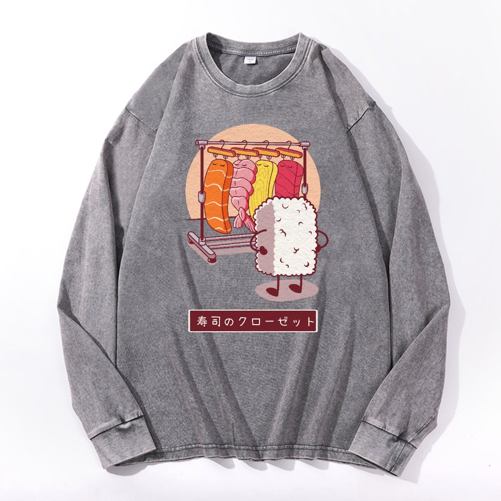 Sushi Vintage Cotton Wash Crewneck Long-Sleeve T-Shirt