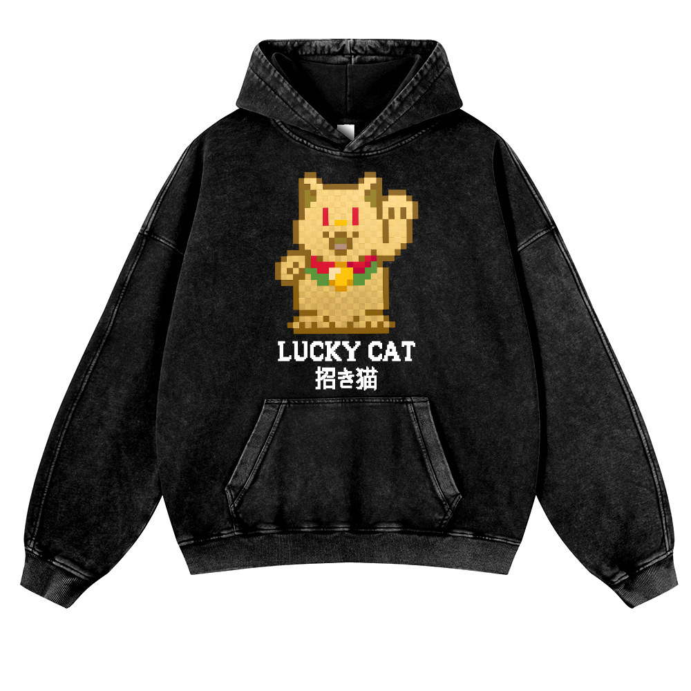 Mosaic Lucky Cat Vintage Washed Thick Cotton Hoodie