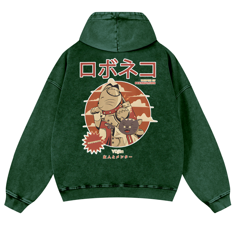 Cat Anime Vintage Washed Cotton Back Art Hoodie