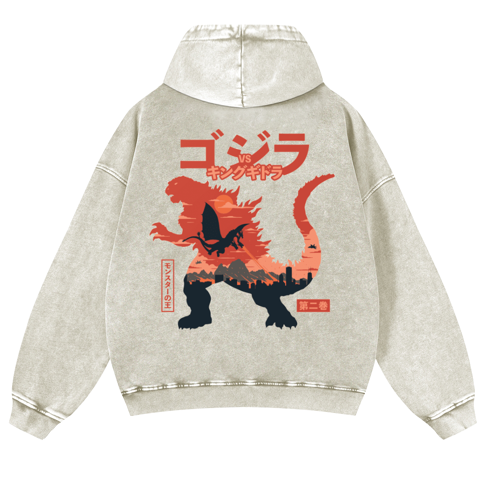 Kaiju vs. King Ghidorah Showdown Vintage Washed Cotton Back Art Hoodie