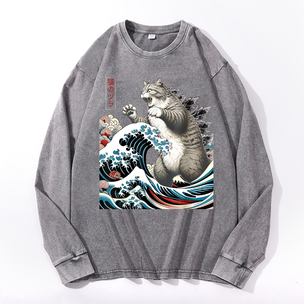 Cat Kaiju Ukiyoe Great Wave Vintage Cotton Wash Crewneck Long-Sleeve T-Shirt