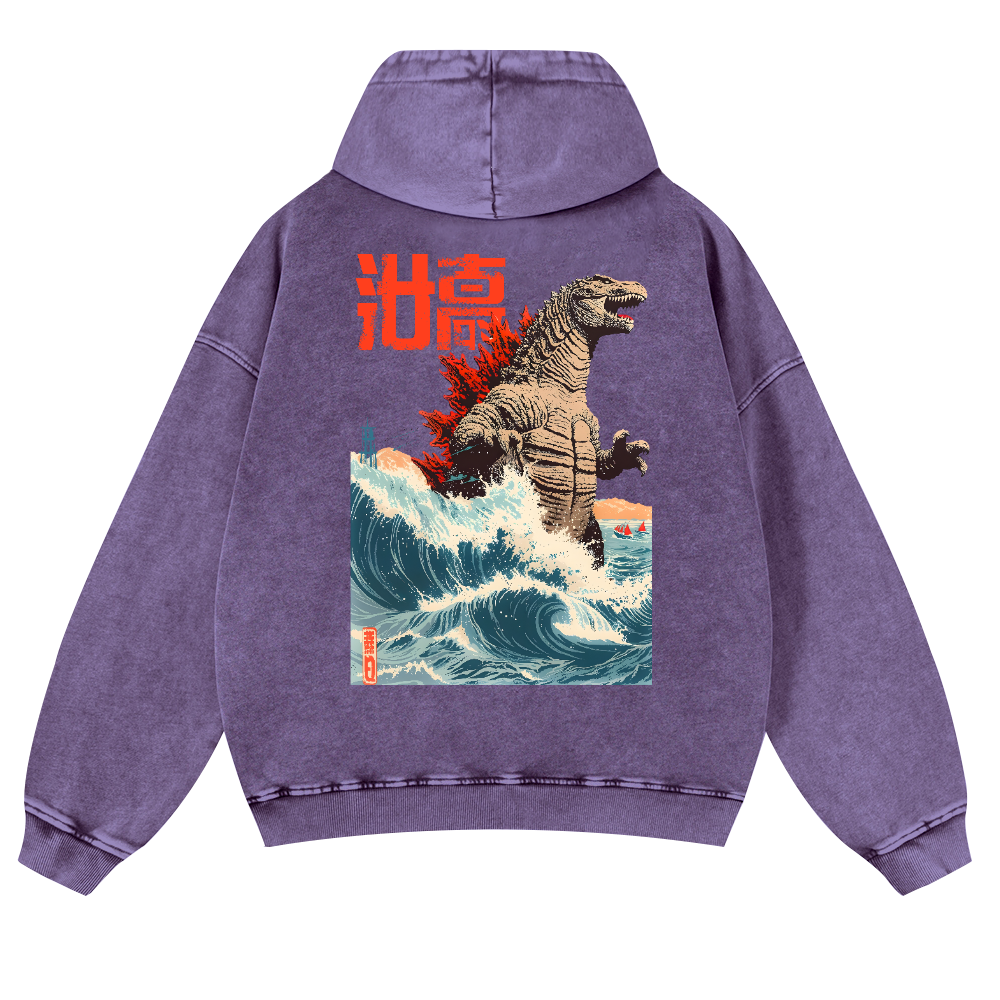 Kaiju Wave Vintage Washed Cotton Back Art Hoodie