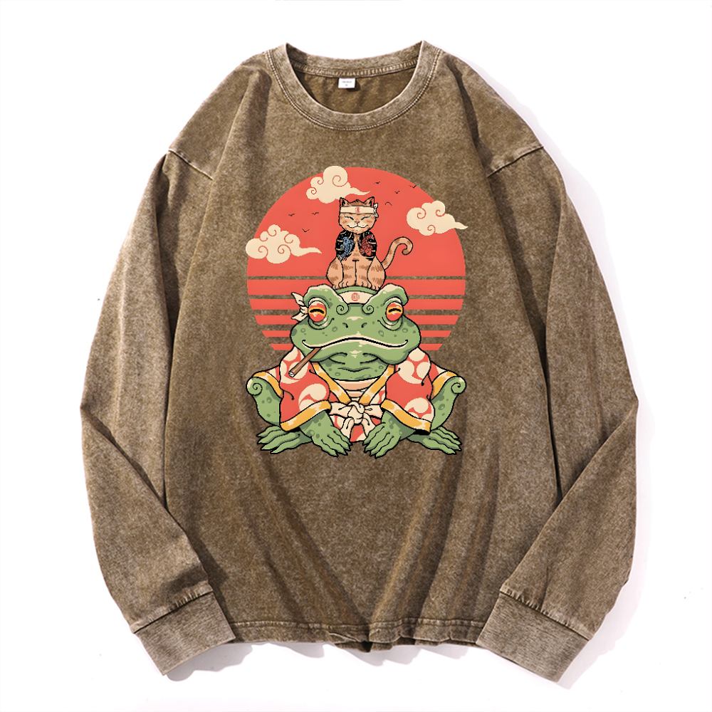 Cat Vintage Cotton Wash Crewneck Long-Sleeve T-Shirt