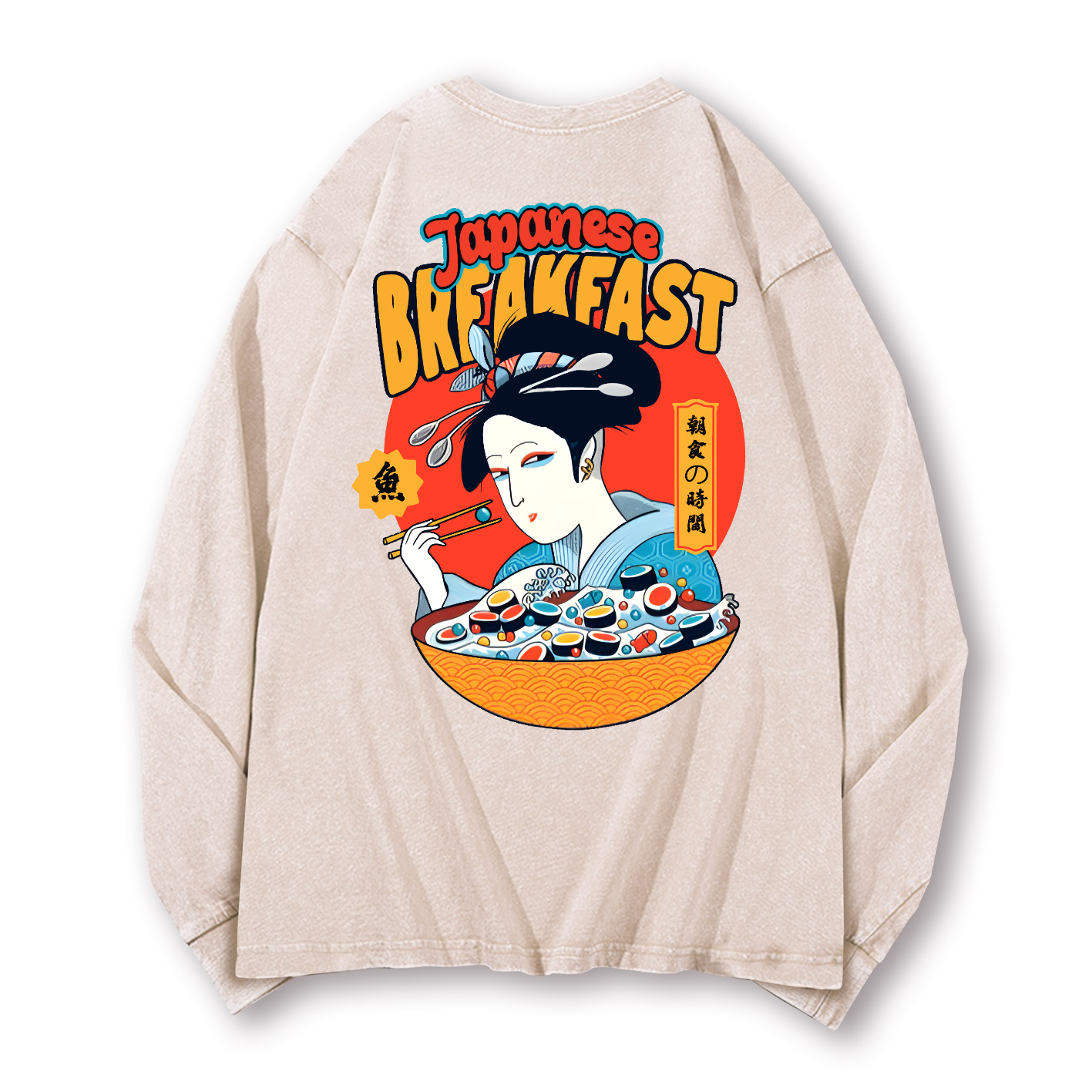 Geisha Fish Sushi Vintage Washed Cotton Back Art Long-sleeve T-shirt