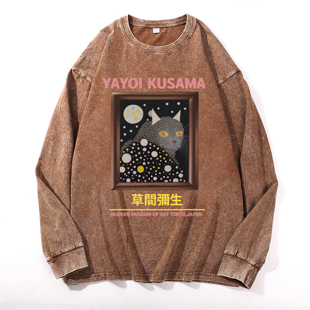 Yayoi Kusama Cat Vintage Cotton Wash Crewneck Long-Sleeve T-Shirt