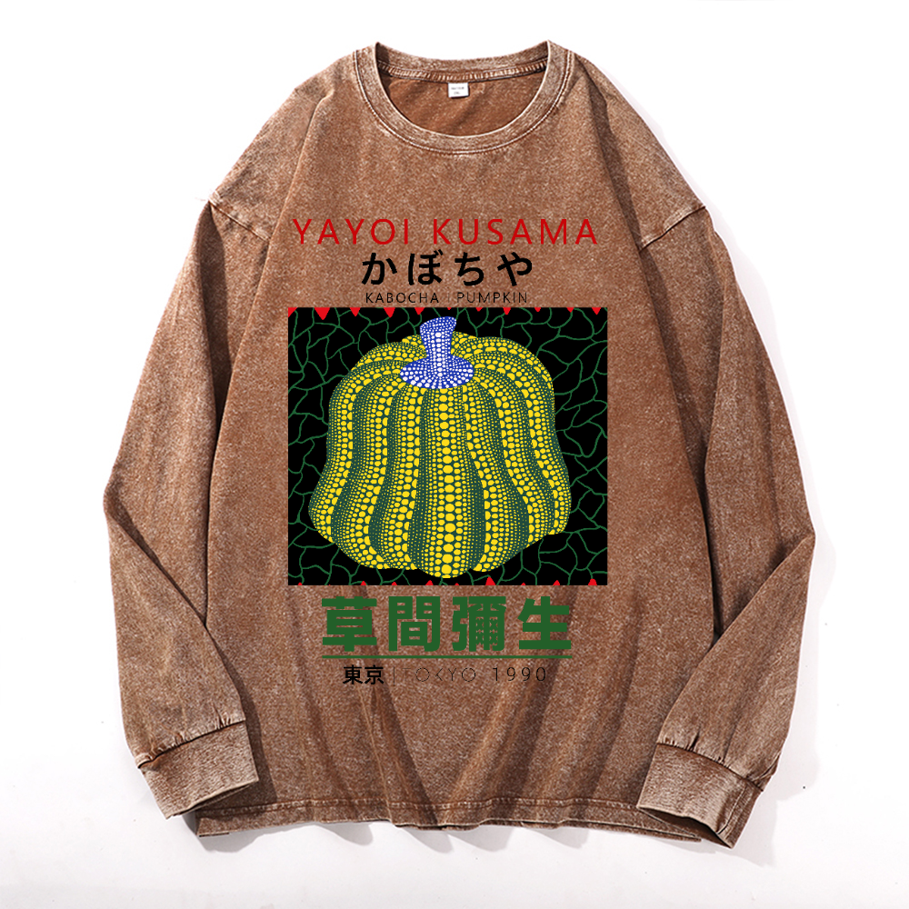 Yayoi Kusama Pumpkin Vintage Cotton Wash Crewneck Long-Sleeve T-Shirt