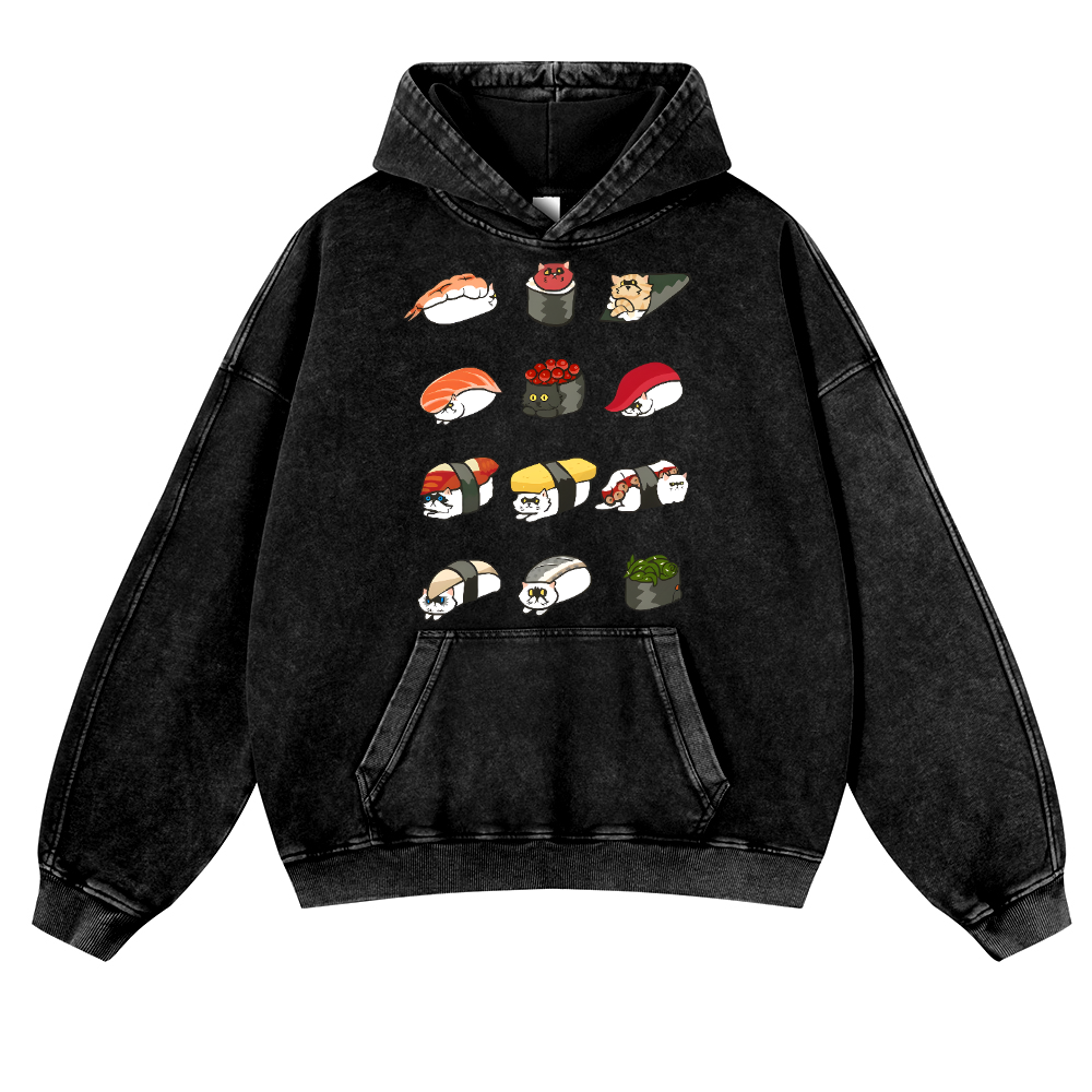 Sushi Cat Vintage Washed Thick Cotton Hoodie