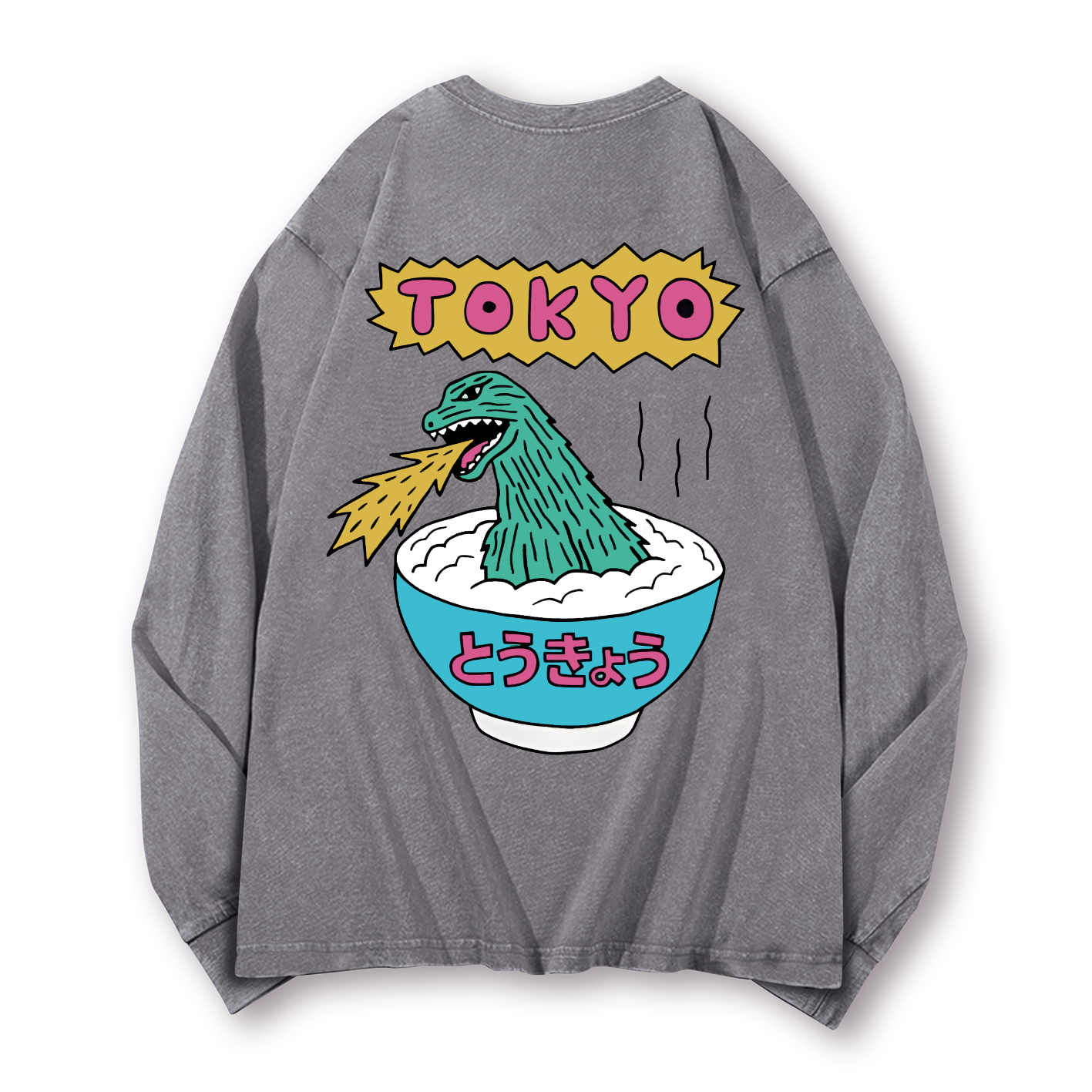 Kaiju The Monster Rice of Tokyo Vintage Washed Cotton Back Art Long-sleeve T-shirt
