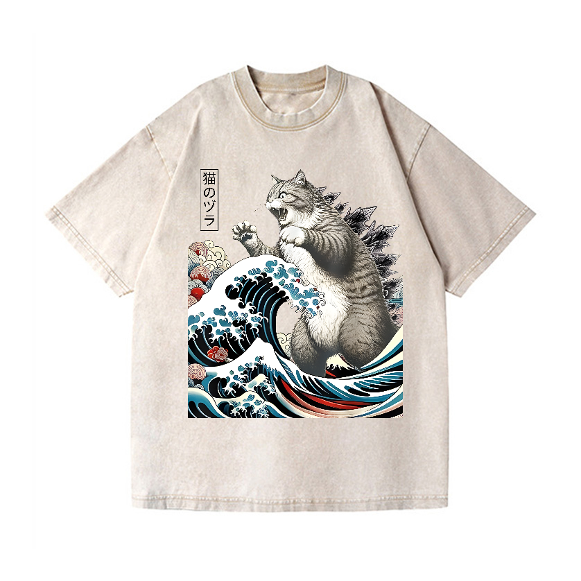 Cat Kaiju Ukiyoe Great Wave Vintage Wash Japanese Design T-Shirt