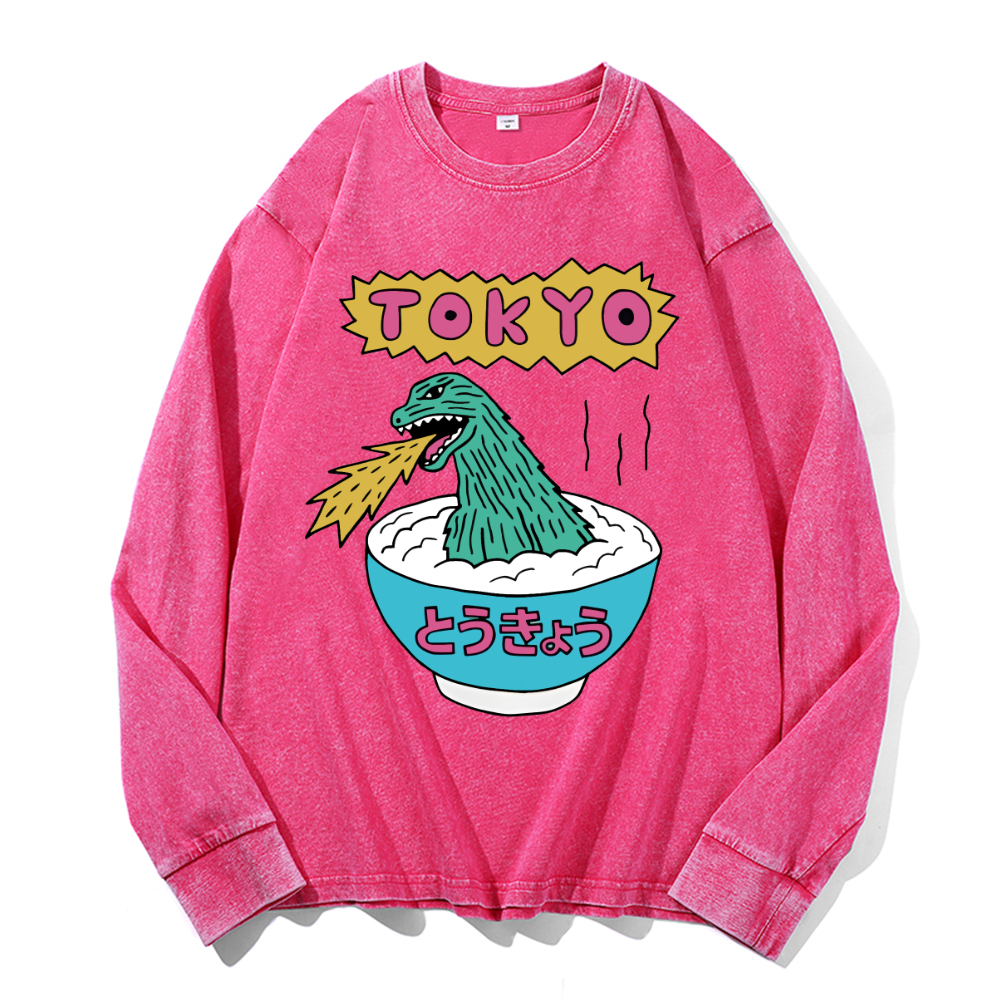 Kaiju Tokyo Vintage Cotton Wash Crewneck Long-Sleeve T-Shirt