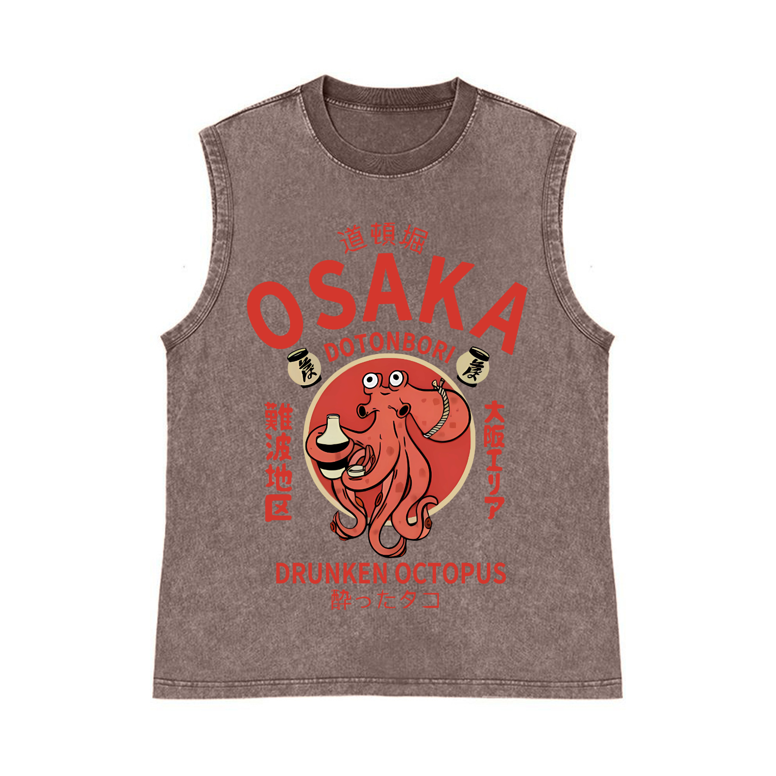 Osaka Dotonbori Drunken Octopus Pure Cotton Wash-Dyed Sleeveless Tank Top