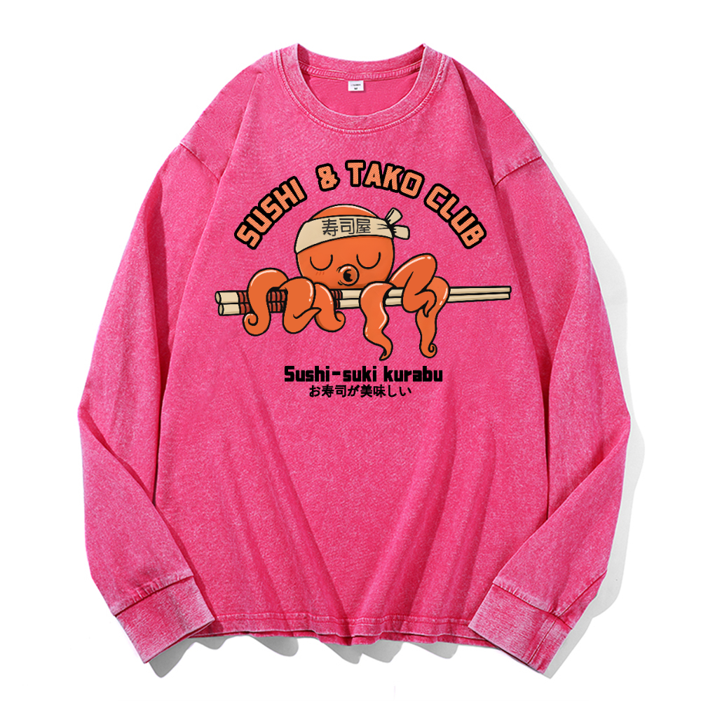 Sushi and Tako Octopus Vintage Cotton Wash Crewneck Long-Sleeve T-Shirt