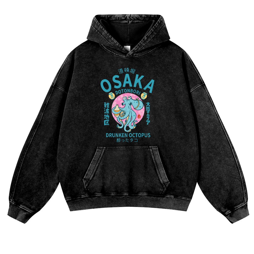 Osaka Dotonbori Drunken Octopus Vintage Washed Thick Cotton Hoodie