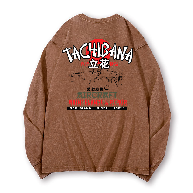 Tachibana Aircraft Vintage Washed Cotton Back Art Long-sleeve T-shirt