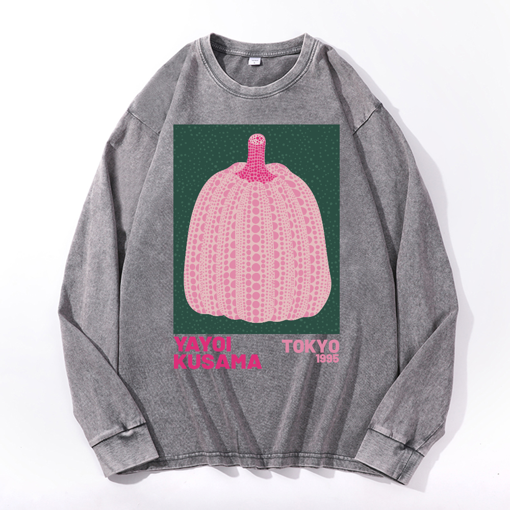 Yayoi Kusama Pumpkin Vintage Cotton Wash Crewneck Long-Sleeve T-Shirt