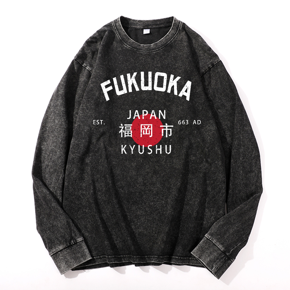 Fukuoka Vintage Cotton Wash Crewneck Long-Sleeve T-Shirt