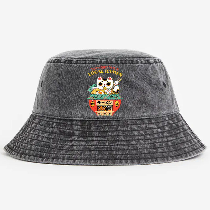 Lucky Cat Ramen Vintage 100% Cotton Bucket Hat