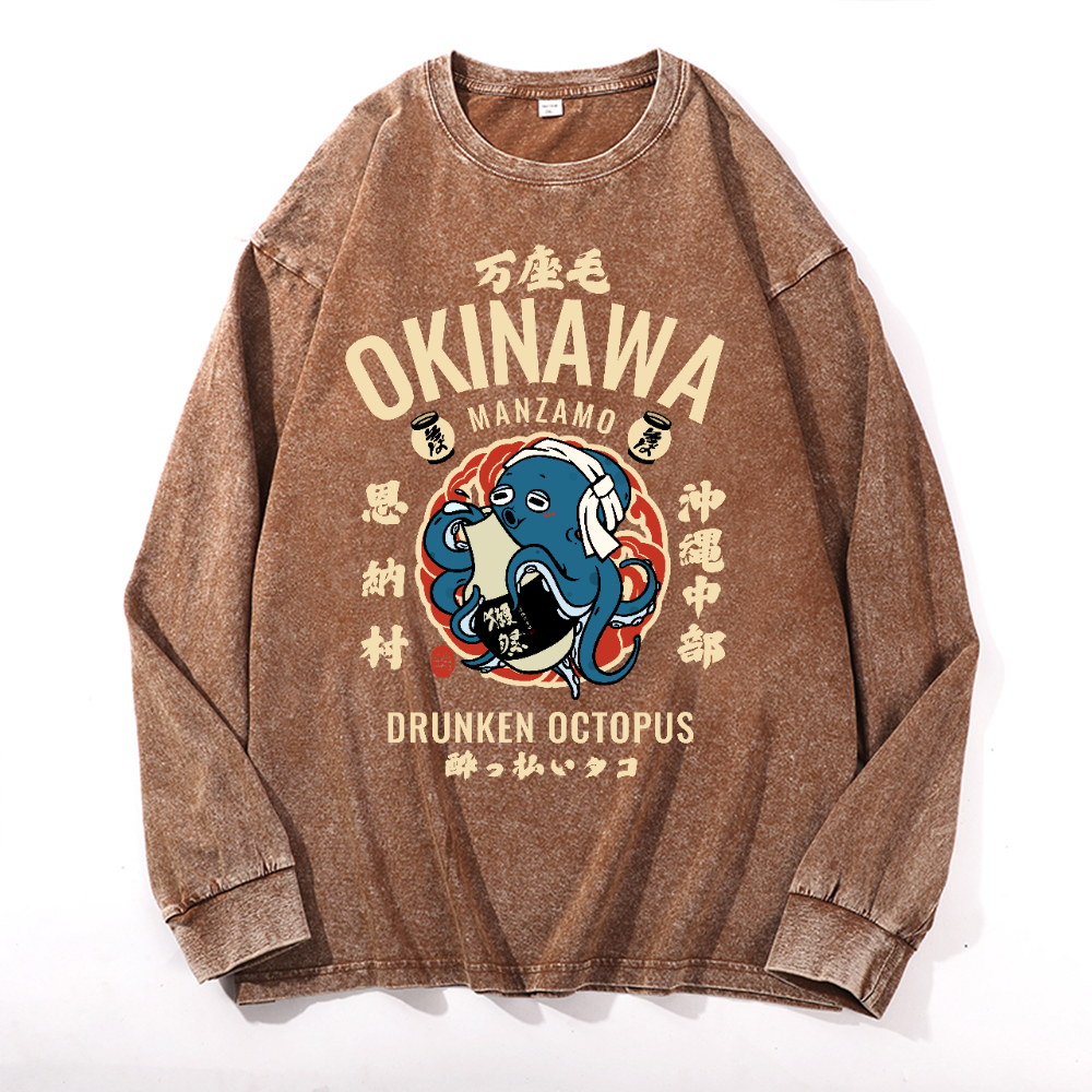 Okinawa Manzamo Drunken Octopus Vintage Cotton Wash Crewneck Long-Sleeve T-Shirt