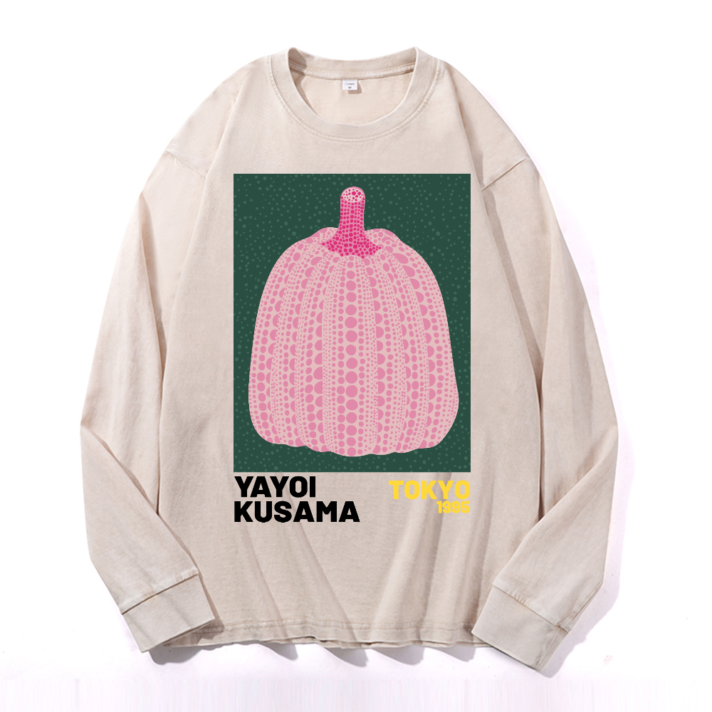 Yayoi Kusama Pumpkin Vintage Cotton Wash Crewneck Long-Sleeve T-Shirt