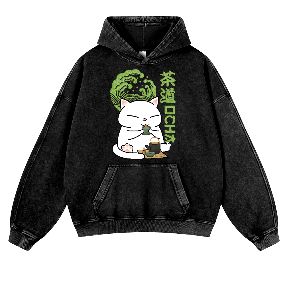 Tea Cat Vintage Washed Thick Cotton Hoodie