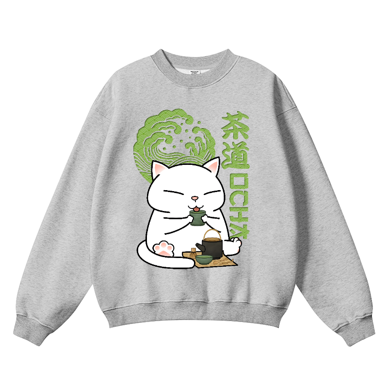 Green Tea Cat Vintage Cotton Blend Crewneck Sweatshirt