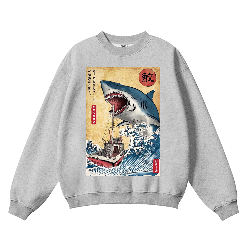 Shark Ukiyoe Vintage Cotton Blend Crewneck Sweatshirt