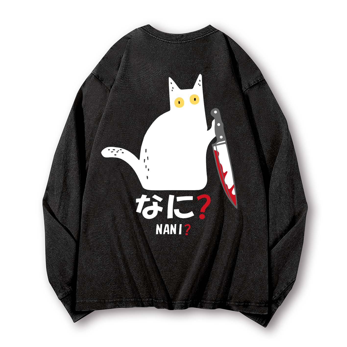 The Black Cat with a Knife Vintage Washed Cotton Back Art Long-sleeve T-shirt