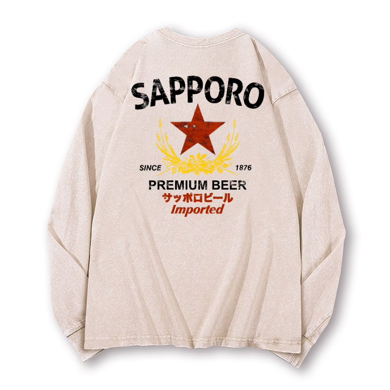 Sapporo Beer Vintage Washed Cotton Back Art Long-sleeve T-shirt