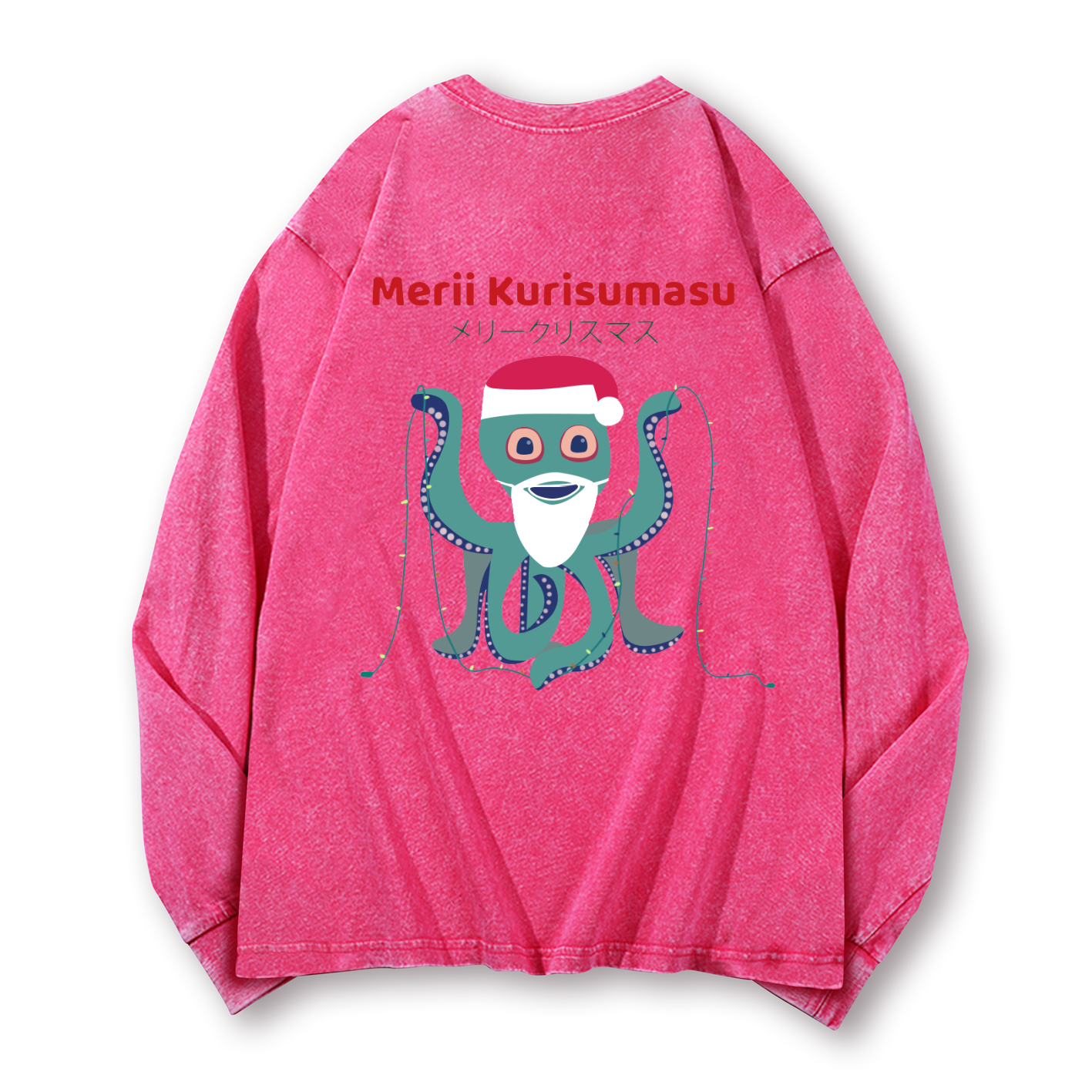 Christmas Octopus Vintage Washed Cotton Back Art Long-sleeve T-shirt