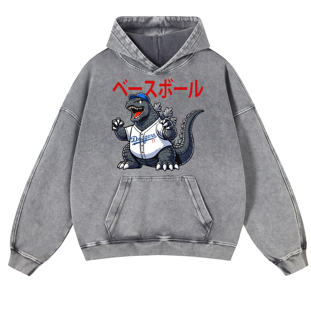Dodgers Kaiju 17  Baseball Vintage Washed Thick Cotton Hoodie