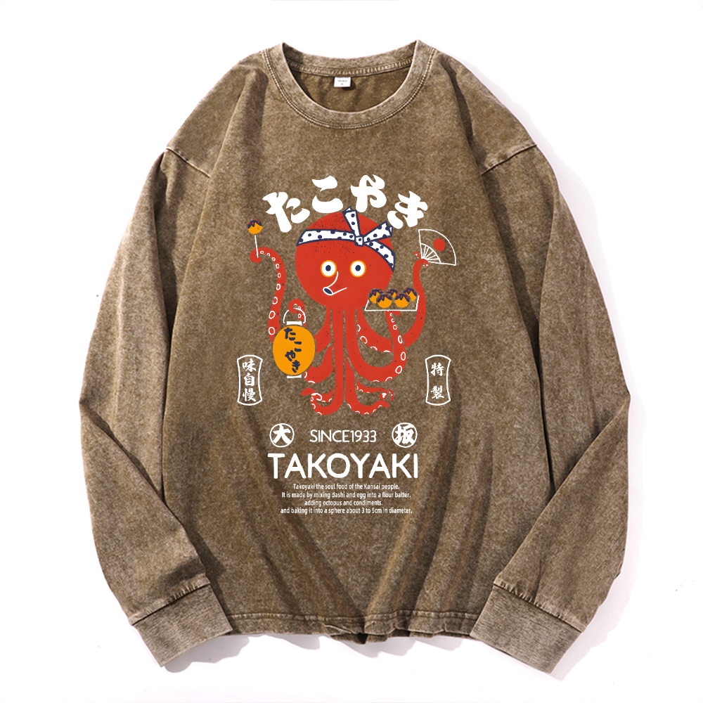 Takoyaki Octopus Vintage Cotton Wash Crewneck Long-Sleeve T-Shirt