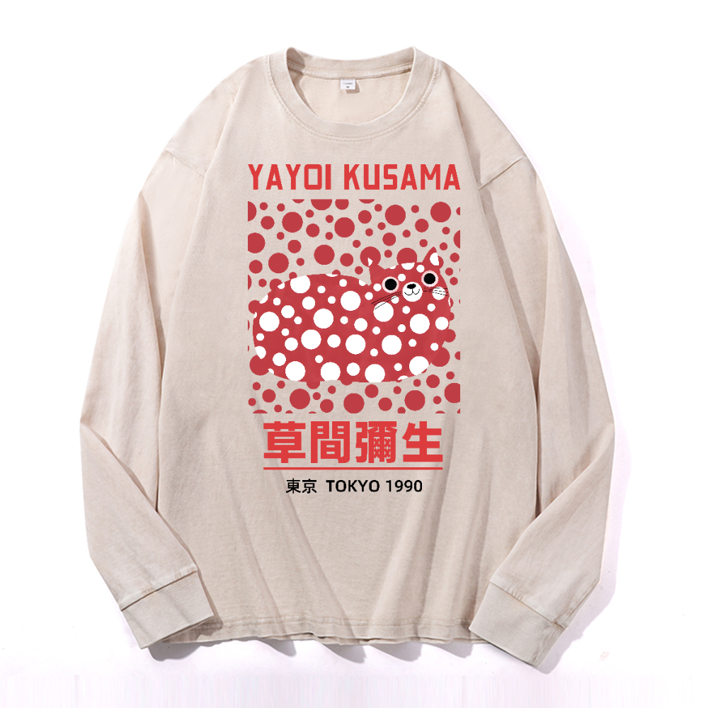 Yayoi Kusama Cat Vintage Cotton Wash Crewneck Long-Sleeve T-Shirt