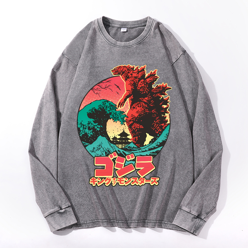 Kaiju Wave Vintage Cotton Wash Crewneck Long-Sleeve T-Shirt
